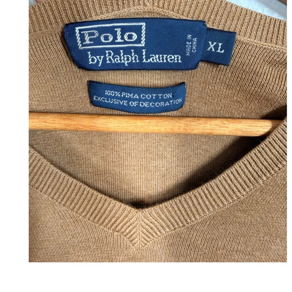 Polo Ralph Lauren Sweater Mens XL Brown V Neck Long Sleeve Pima Cotton‎ Preppy